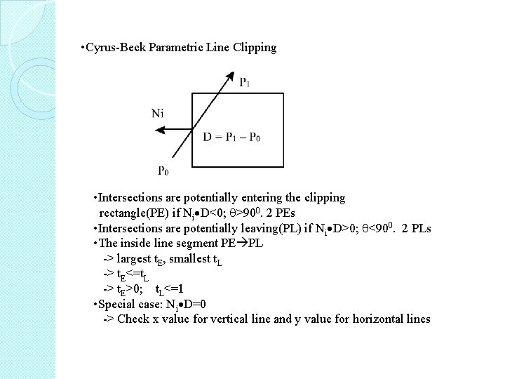  • Cyrus-Beck Parametric Line Clipping • Intersections are potentially entering the clipping rectangle(PE)