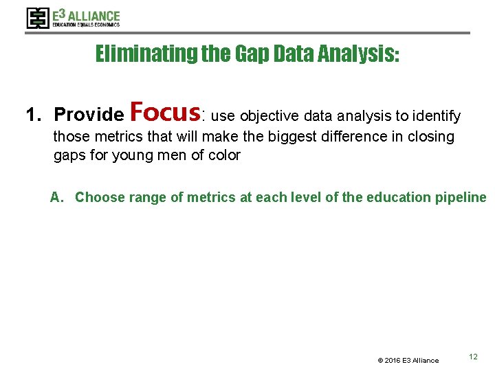 Eliminating the Gap Data Analysis: 1. Provide Focus: use objective data analysis to identify Eliminating the Gap Data Analysis: 1. Provide Focus: use objective data analysis to identify