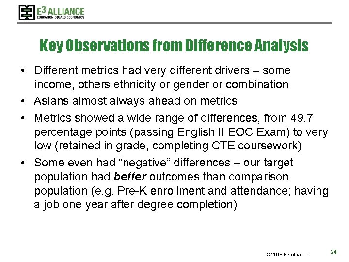 Key Observations from Difference Analysis • Different metrics had very different drivers – some Key Observations from Difference Analysis • Different metrics had very different drivers – some
