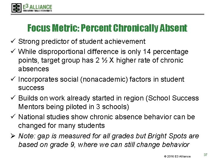 Focus Metric: Percent Chronically Absent ü Strong predictor of student achievement ü While disproportional Focus Metric: Percent Chronically Absent ü Strong predictor of student achievement ü While disproportional