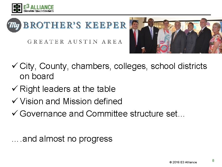 ü City, County, chambers, colleges, school districts on board ü Right leaders at the ü City, County, chambers, colleges, school districts on board ü Right leaders at the