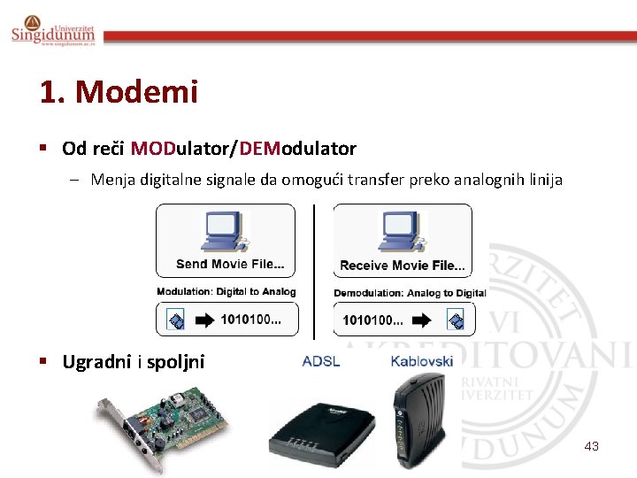 1. Modemi § Od reči MODulator/DEModulator – Menja digitalne signale da omogući transfer preko