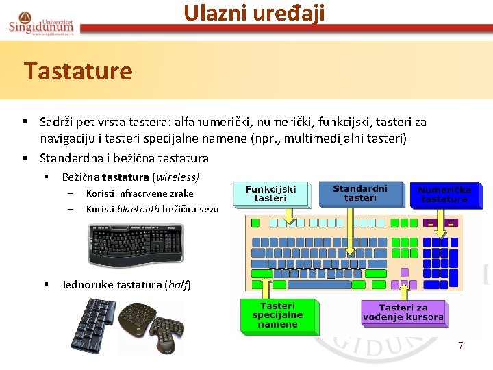 Ulazni uređaji Tastature § Sadrži pet vrsta tastera: alfanumerički, funkcijski, tasteri za navigaciju i