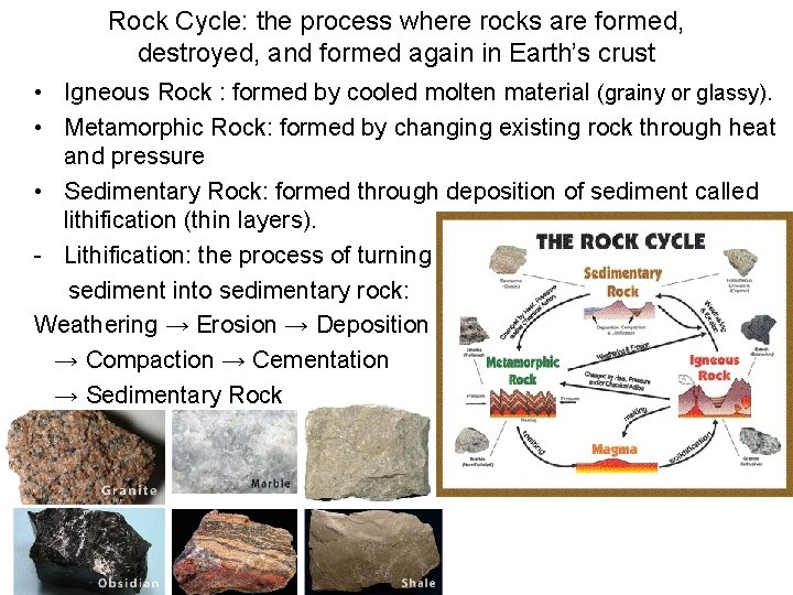 Rock Cycle: the process where rocks are formed, destroyed, and formed again in Earth’s