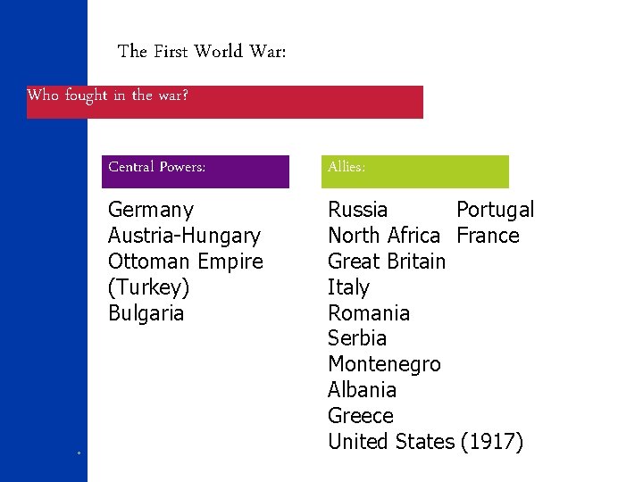 The First World War: Who fought in the war? 4 Central Powers: Allies: Germany