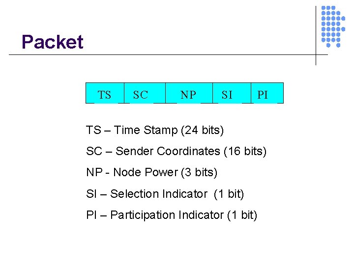 Packet TS SC NP SI PI TS – Time Stamp (24 bits) SC –