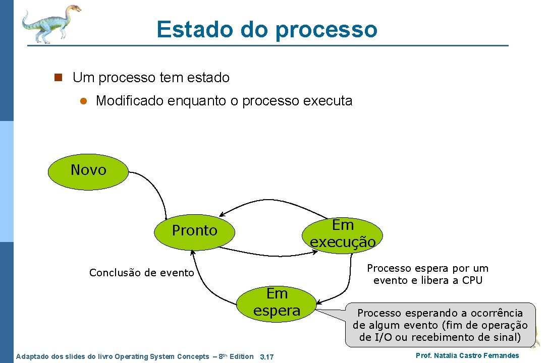Estado do processo n Um processo tem estado l Modificado enquanto o processo executa Estado do processo n Um processo tem estado l Modificado enquanto o processo executa