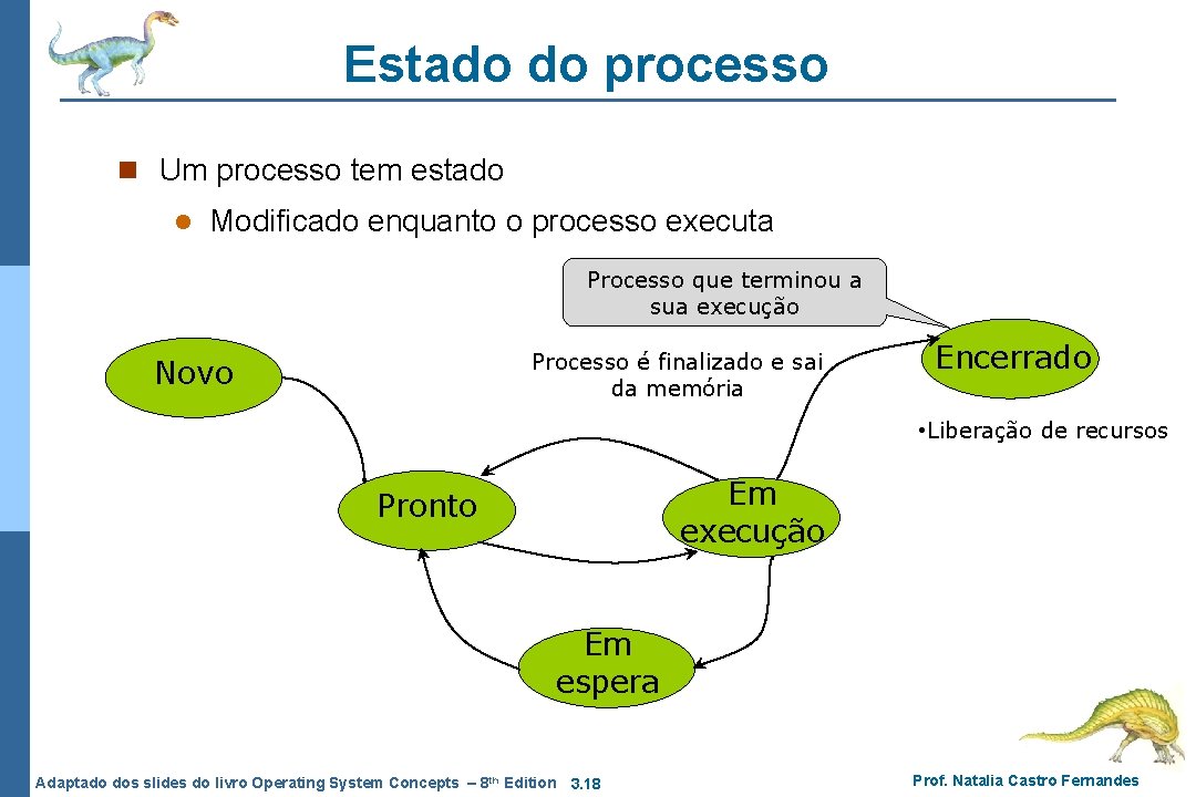 Estado do processo n Um processo tem estado l Modificado enquanto o processo executa Estado do processo n Um processo tem estado l Modificado enquanto o processo executa