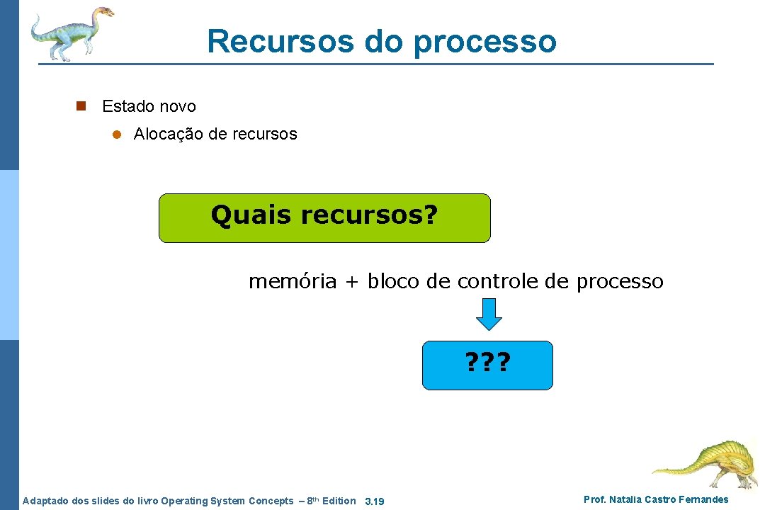 Recursos do processo n Estado novo l Alocação de recursos Quais recursos? memória + Recursos do processo n Estado novo l Alocação de recursos Quais recursos? memória +