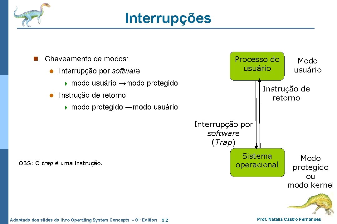 Interrupções n Chaveamento de modos: l Interrupção por software 4 l Processo do usuário Interrupções n Chaveamento de modos: l Interrupção por software 4 l Processo do usuário