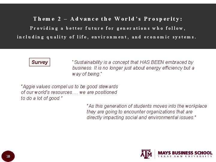 Theme 2 – Advance the World’s Prosperity: Providing a better future for generations who