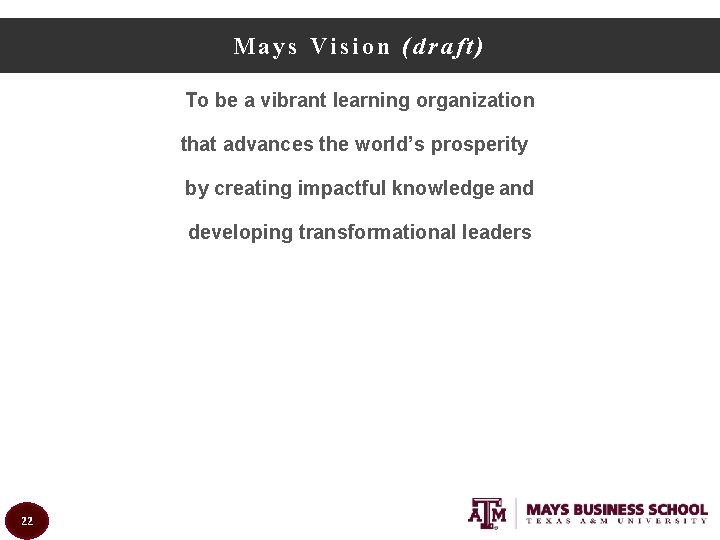 Mays Vision (draft) To be a vibrant learning organization that advances the world’s prosperity