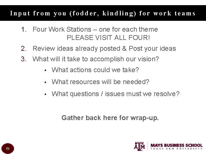 Input from you (fodder, kindling) for work teams 1. Four Work Stations – one