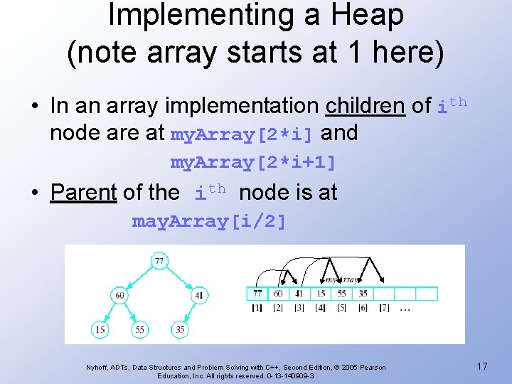 Implementing a Heap (note array starts at 1 here) • In an array implementation