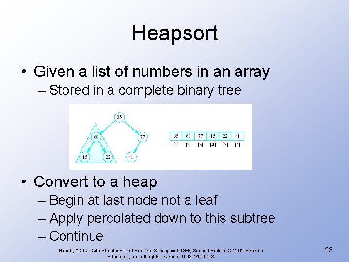Heapsort • Given a list of numbers in an array – Stored in a
