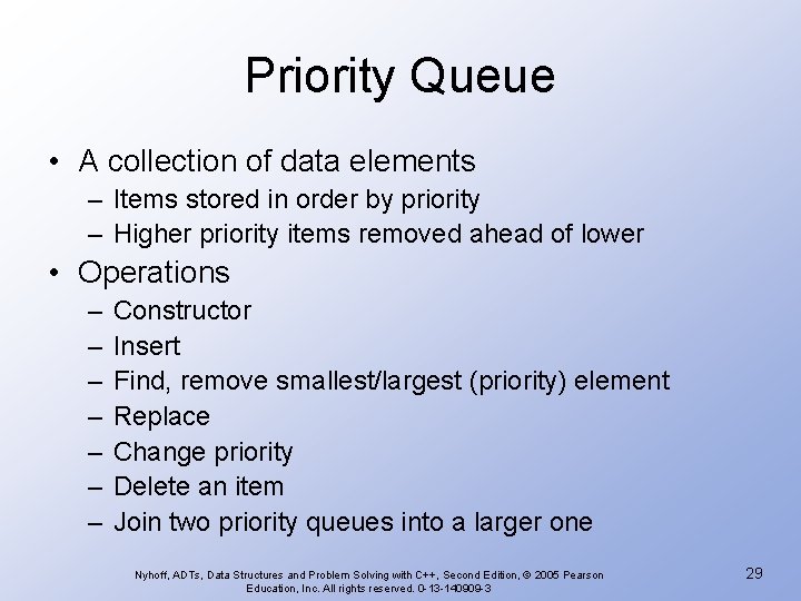 Priority Queue • A collection of data elements – Items stored in order by