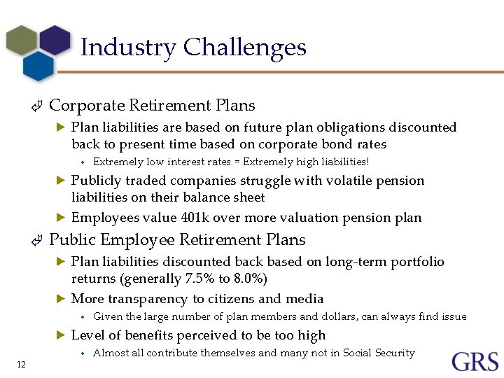 Industry Challenges Ã Corporate Retirement Plans ► Plan liabilities are based on future plan