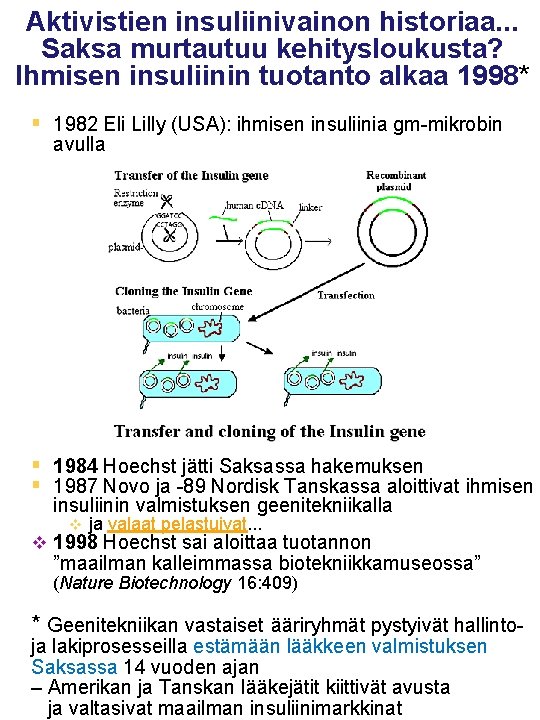 Aktivistien insuliinivainon historiaa. . . Saksa murtautuu kehitysloukusta? Ihmisen insuliinin tuotanto alkaa 1998* §
