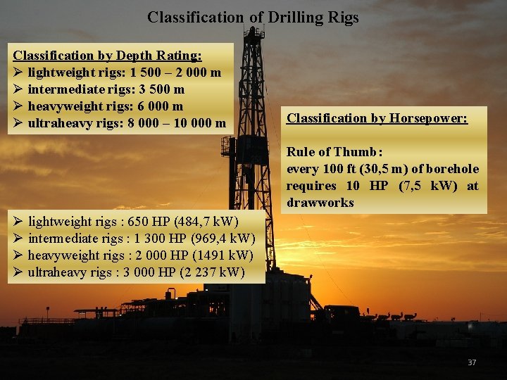 Classification of Drilling Rigs Classification by Depth Rating: Ø lightweight rigs: 1 500 –