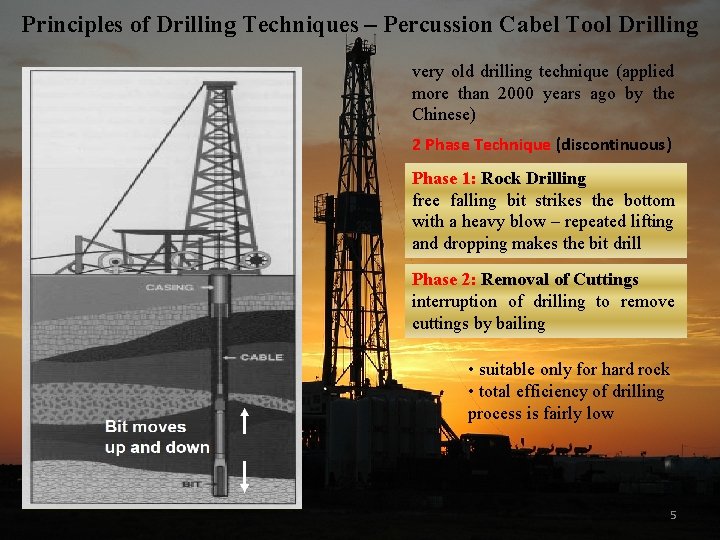Principles of Drilling Techniques – Percussion Cabel Tool Drilling very old drilling technique (applied