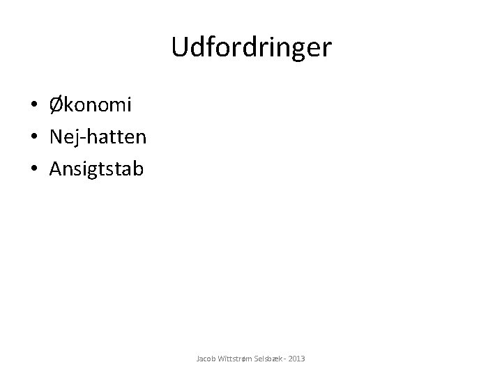 Udfordringer • Økonomi • Nej-hatten • Ansigtstab Jacob Wittstrøm Selsbæk - 2013 