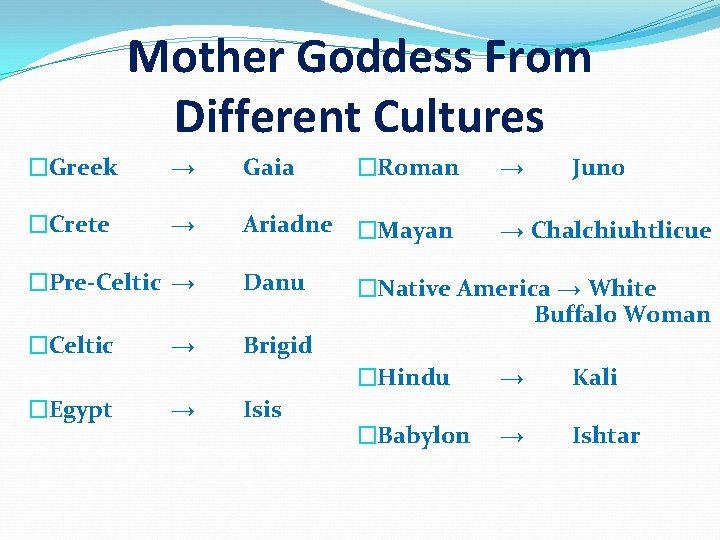 Mother Goddess From Different Cultures �Greek → Gaia �Crete → Ariadne �Mayan �Pre-Celtic →