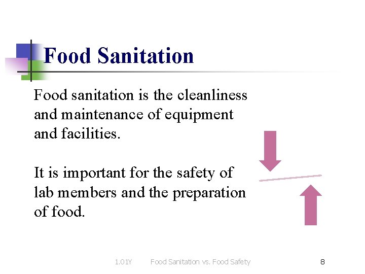 Food Sanitation Food sanitation is the cleanliness and maintenance of equipment and facilities. It