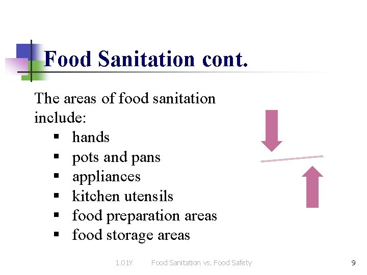 Food Sanitation cont. The areas of food sanitation include: § hands § pots and