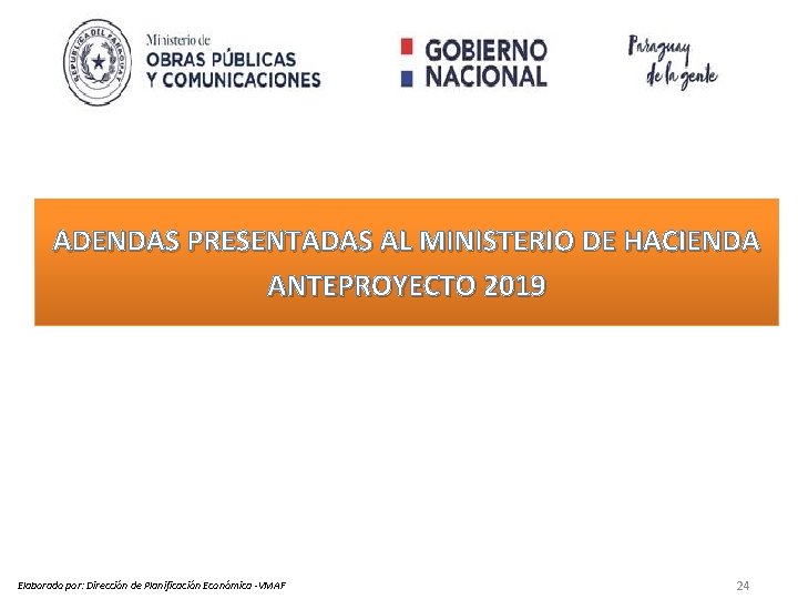 ADENDAS PRESENTADAS AL MINISTERIO DE HACIENDA ANTEPROYECTO 2019 Elaborado por: Dirección de Planificación Económica