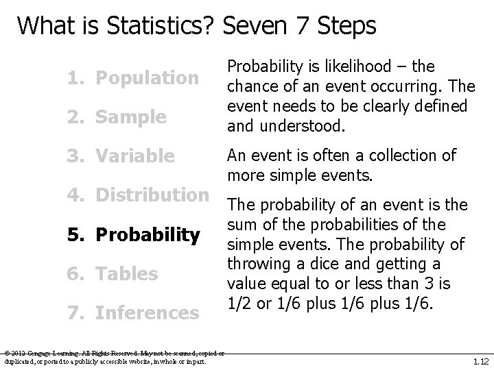 What is Statistics? Seven 7 Steps 1. Population 2. Sample 3. Variable Probability is