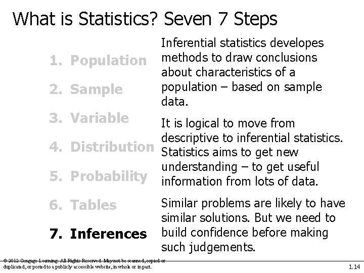What is Statistics? Seven 7 Steps 1. Population 2. Sample Inferential statistics developes methods