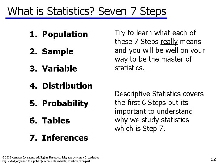 What is Statistics? Seven 7 Steps 1. Population 2. Sample 3. Variable 4. Distribution