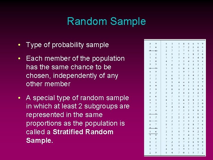 Random Sample • Type of probability sample • Each member of the population has
