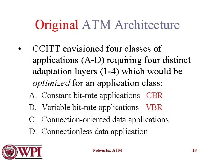 Original ATM Architecture • CCITT envisioned four classes of applications (A-D) requiring four distinct