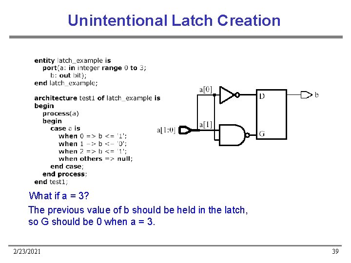 Unintentional Latch Creation What if a = 3? The previous value of b should