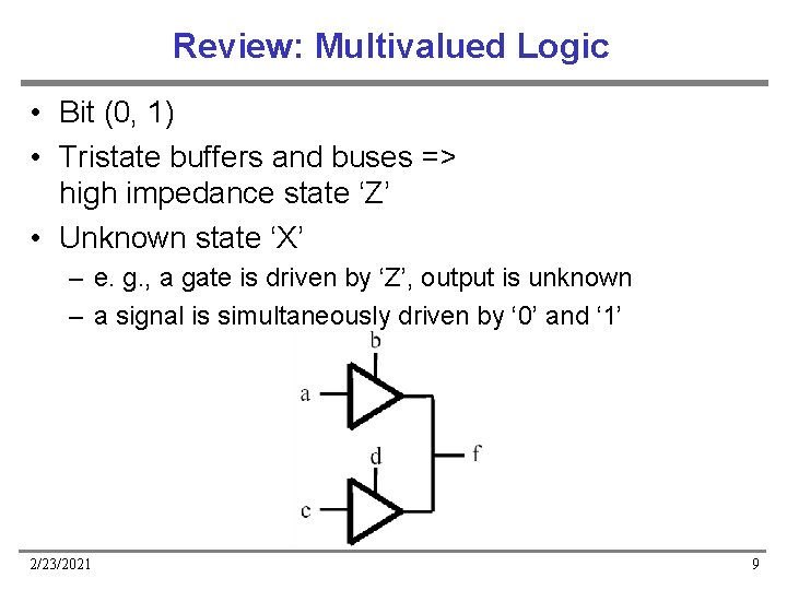 Review: Multivalued Logic • Bit (0, 1) • Tristate buffers and buses => high