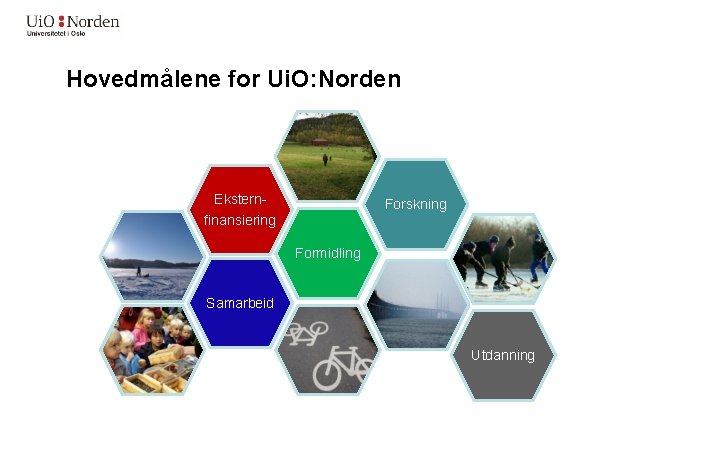 Hovedmålene for Ui. O: Norden Ekstern- Forskning finansiering Formidling Samarbeid Utdanning 