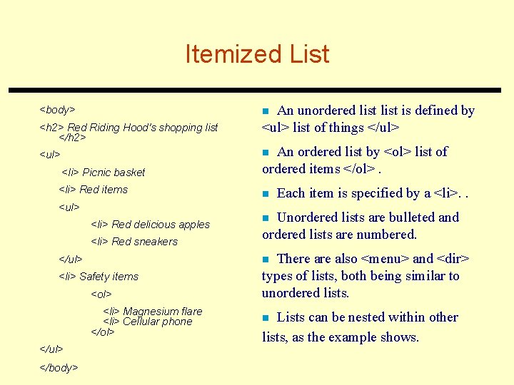 Itemized List <body> An unordered list is defined by <ul> list of things </ul>