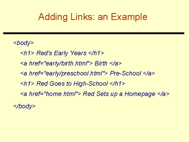 Adding Links: an Example <body> <h 1> Red's Early Years </h 1> <a href="early/birth.