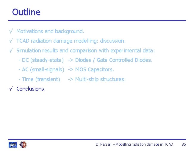 Outline √ Motivations and background. √ TCAD radiation damage modelling: discussion. √ Simulation results Outline √ Motivations and background. √ TCAD radiation damage modelling: discussion. √ Simulation results