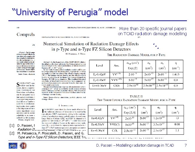 “University of Perugia” model More than 20 specific journal papers on TCAD radiation damage “University of Perugia” model More than 20 specific journal papers on TCAD radiation damage