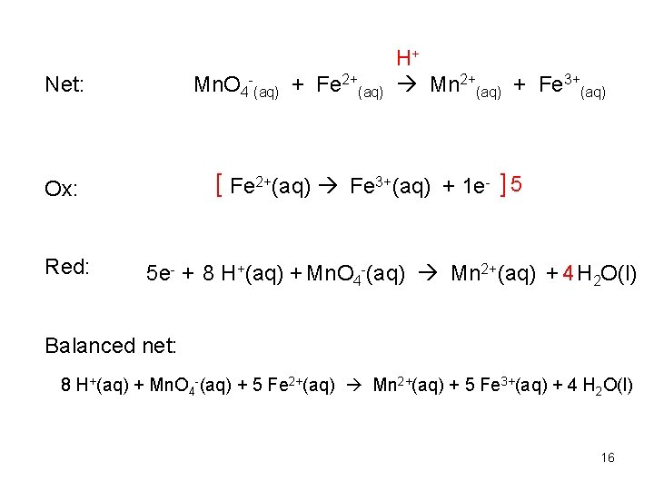 Net: Mn. O 4 -(aq) + Fe 2+(aq) [ Fe 2+(aq) Fe 3+(aq) +
