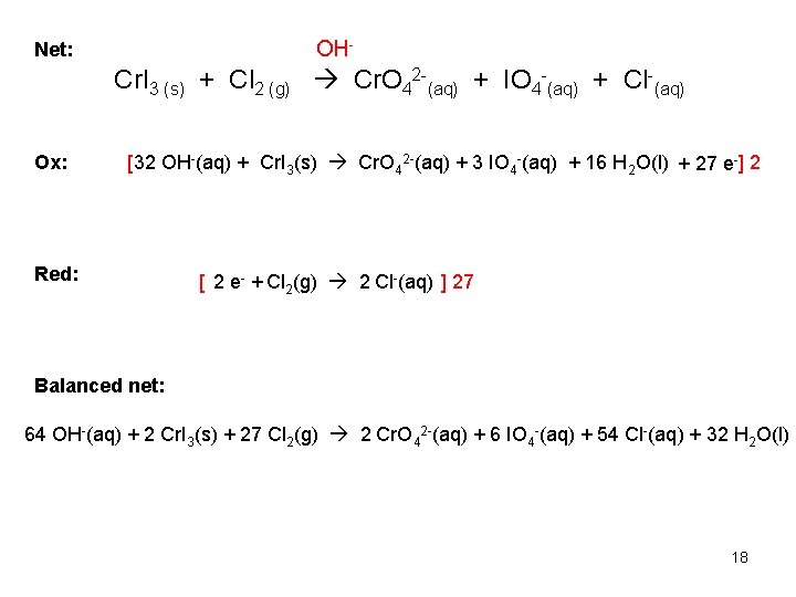 OH- Net: Cr. I 3 (s) + Cl 2 (g) Cr. O 42 -(aq)