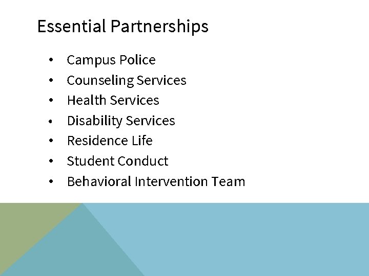 Essential Partnerships • • Campus Police Counseling Services Health Services Disability Services Residence Life