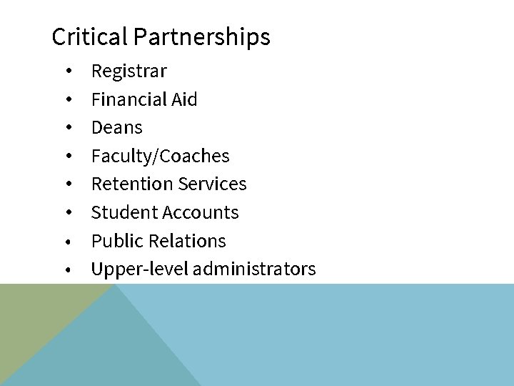 Critical Partnerships • • Registrar Financial Aid Deans Faculty/Coaches Retention Services Student Accounts Public