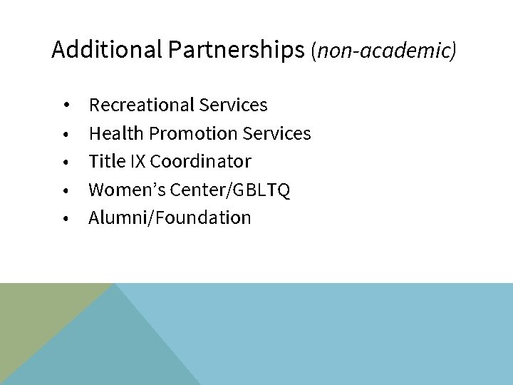 Additional Partnerships (non-academic) • • • Recreational Services Health Promotion Services Title IX Coordinator