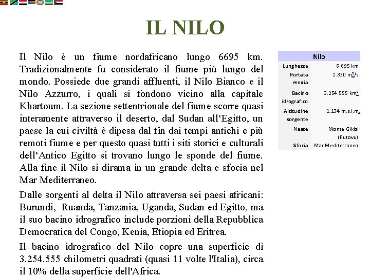 IL NILO Il Nilo è un fiume nordafricano lungo 6695 km. Tradizionalmente fu considerato
