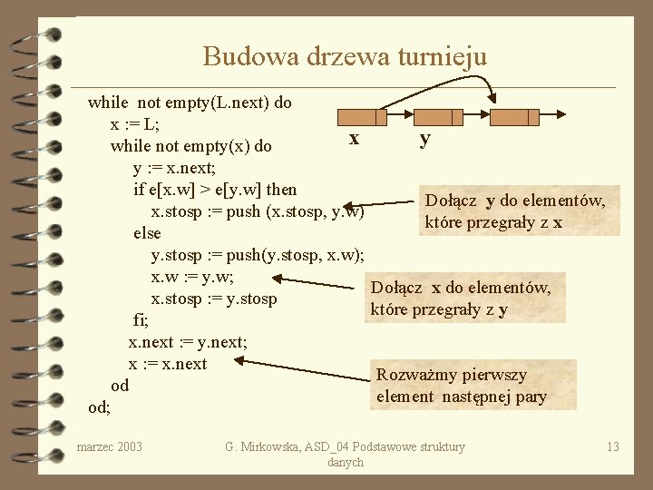 Budowa drzewa turnieju while not empty(L. next) do x : = L; x while