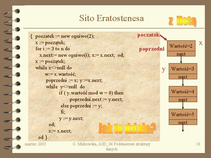 Sito Eratostenesa { poczatek : = new ogniwo(2); x : = początek; for i