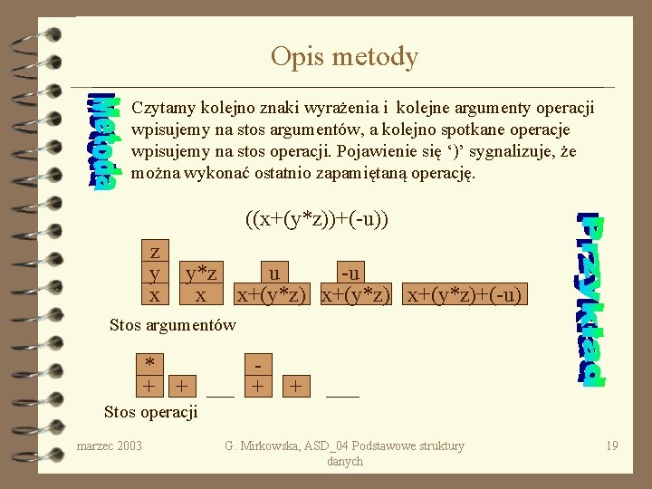 Opis metody Czytamy kolejno znaki wyrażenia i kolejne argumenty operacji wpisujemy na stos argumentów,